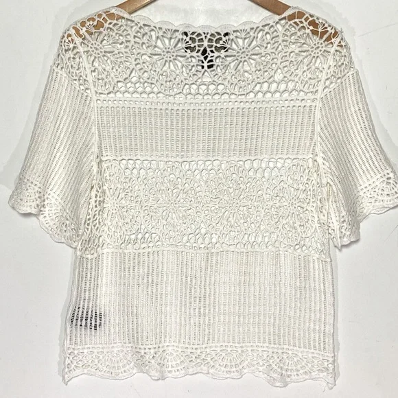 ANTHROPOLOGIE JAMES COVIELLO White Lace Crochet Sheer Short Sleeve Top medium - Picture 8 of 9